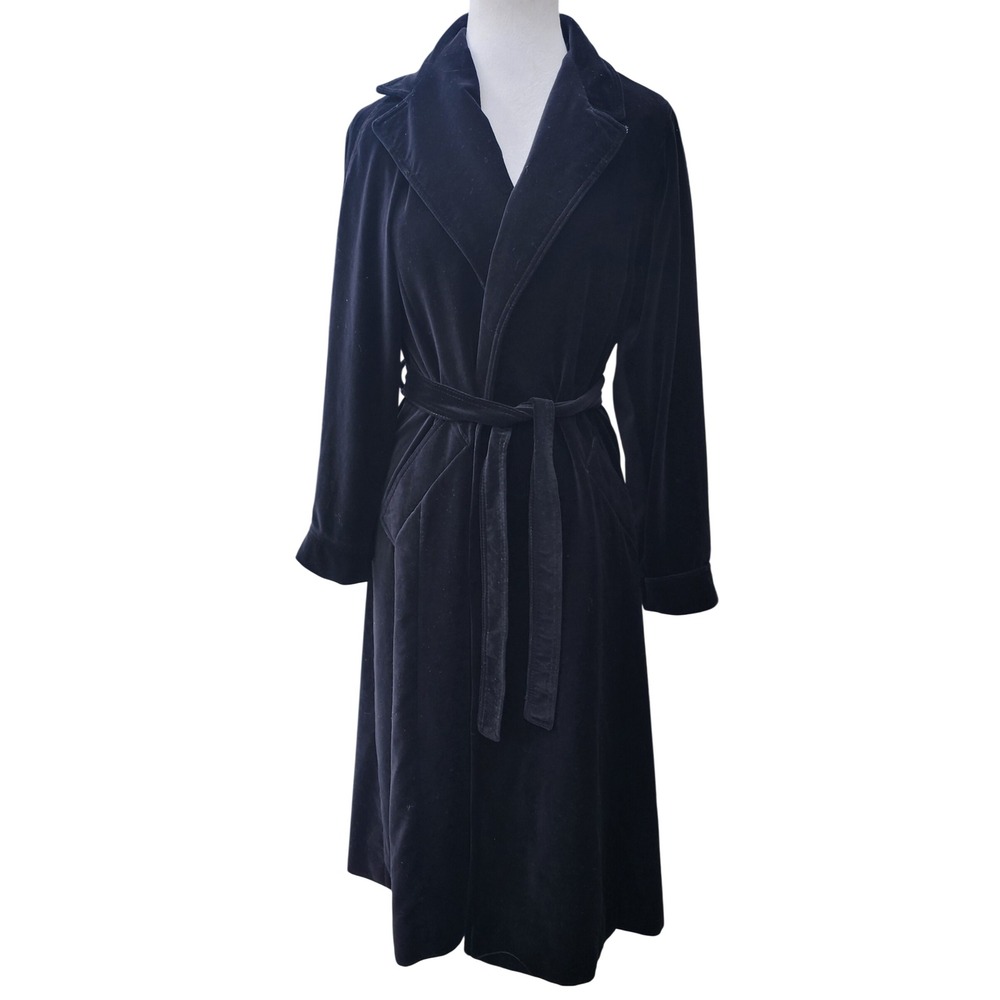 Vintage Roth-Le Cover Sport Black Velvet Trench Coat Belted Longline Size 10